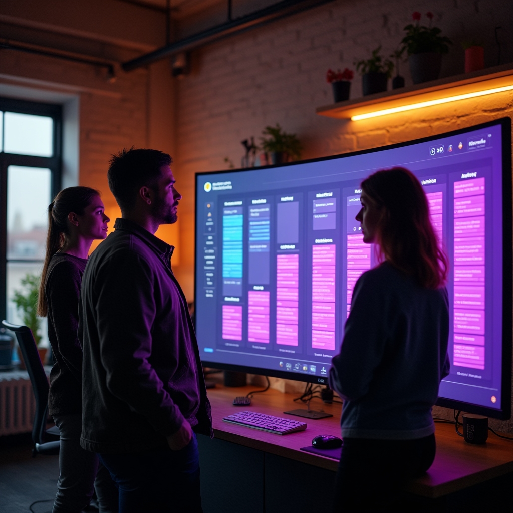 Echipă care lucrează la un tablou Kanban digital