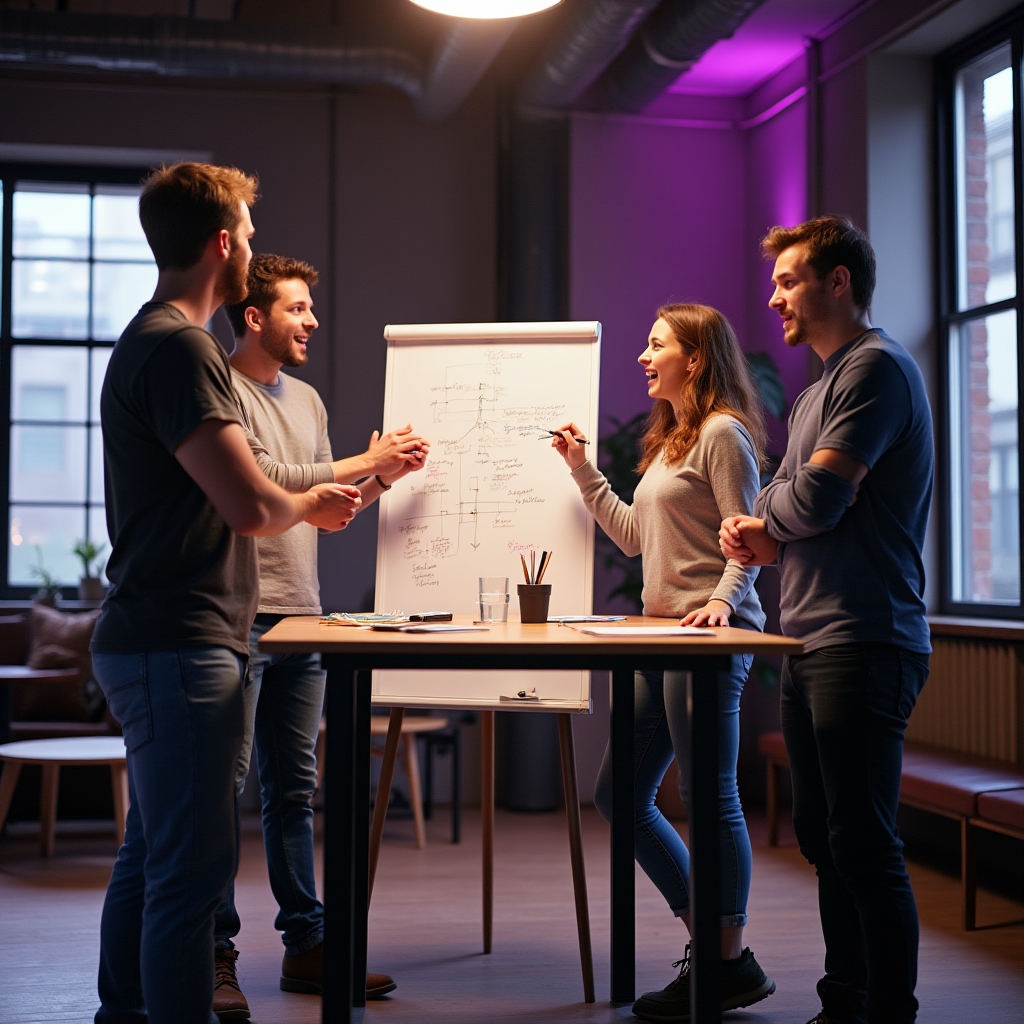 Echipă de produs startup în discuție animată